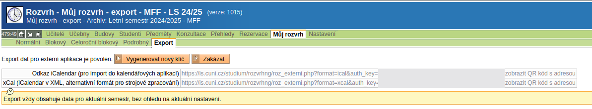 Screenshot modulu Rozvrh NG s ukázanou záložkou Export
