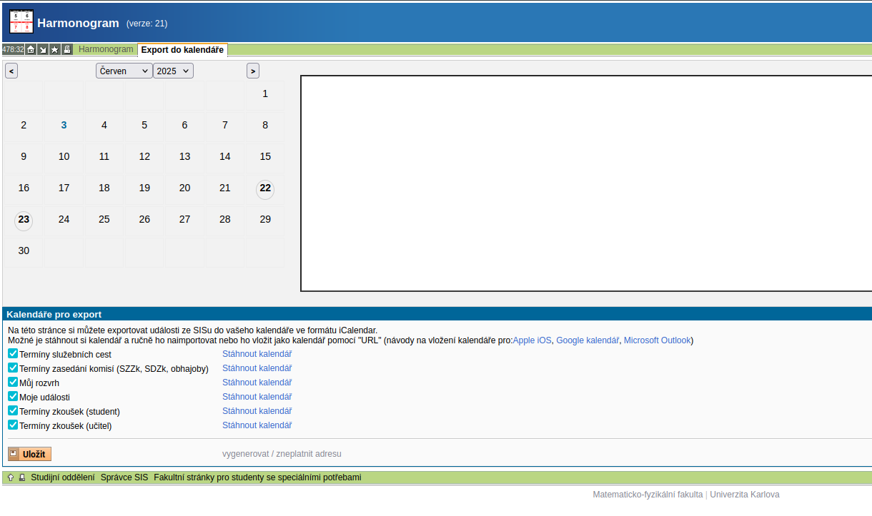 Screenshot modulu Harmonogram s ukázanou záložkou Export do kalendáře
